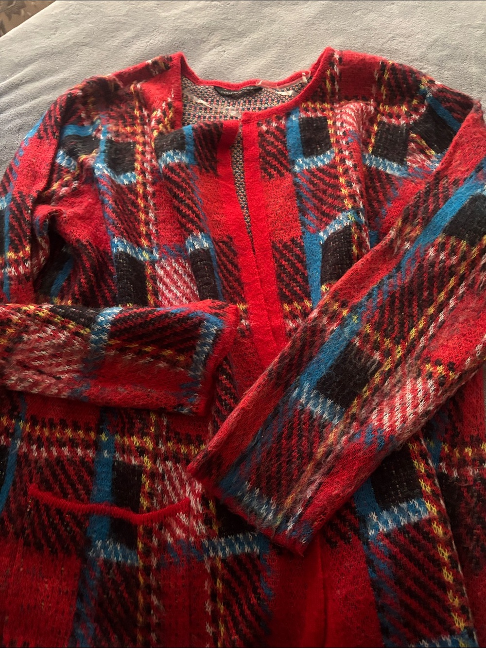 Women's Red Plaid Open Cardigan Jacket | Color Block Cardigan Long